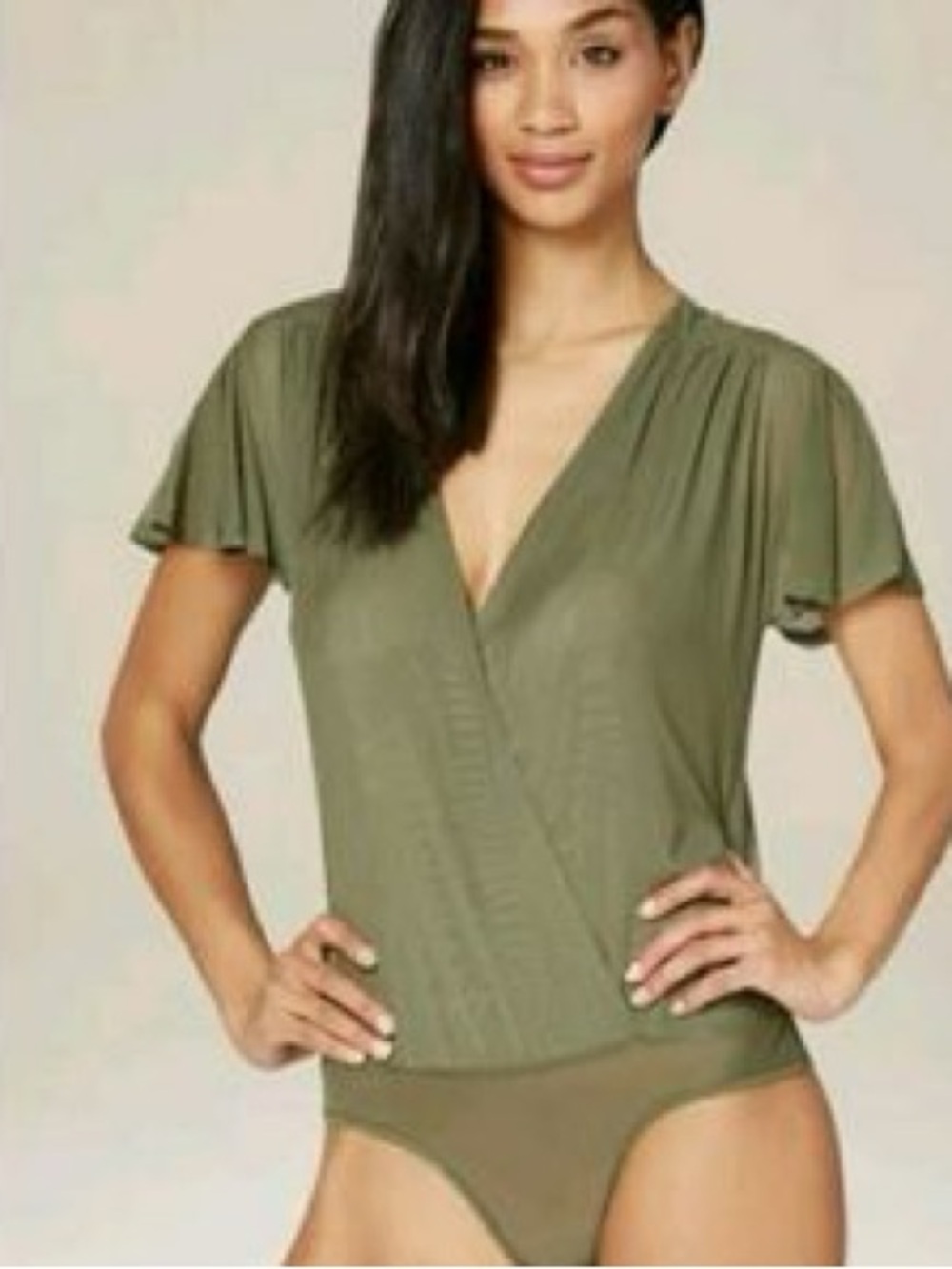 NWT Bebe Scalloped Lace Olive Green Bodysuit